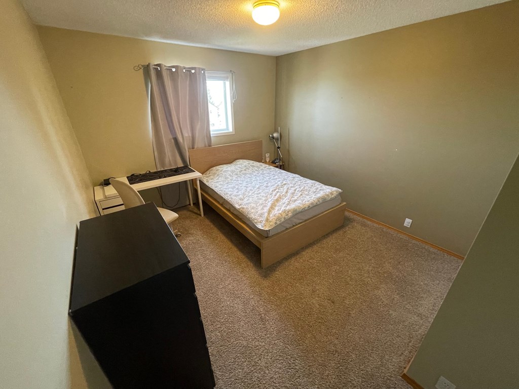 a bedroom with a bed and a desk and a window