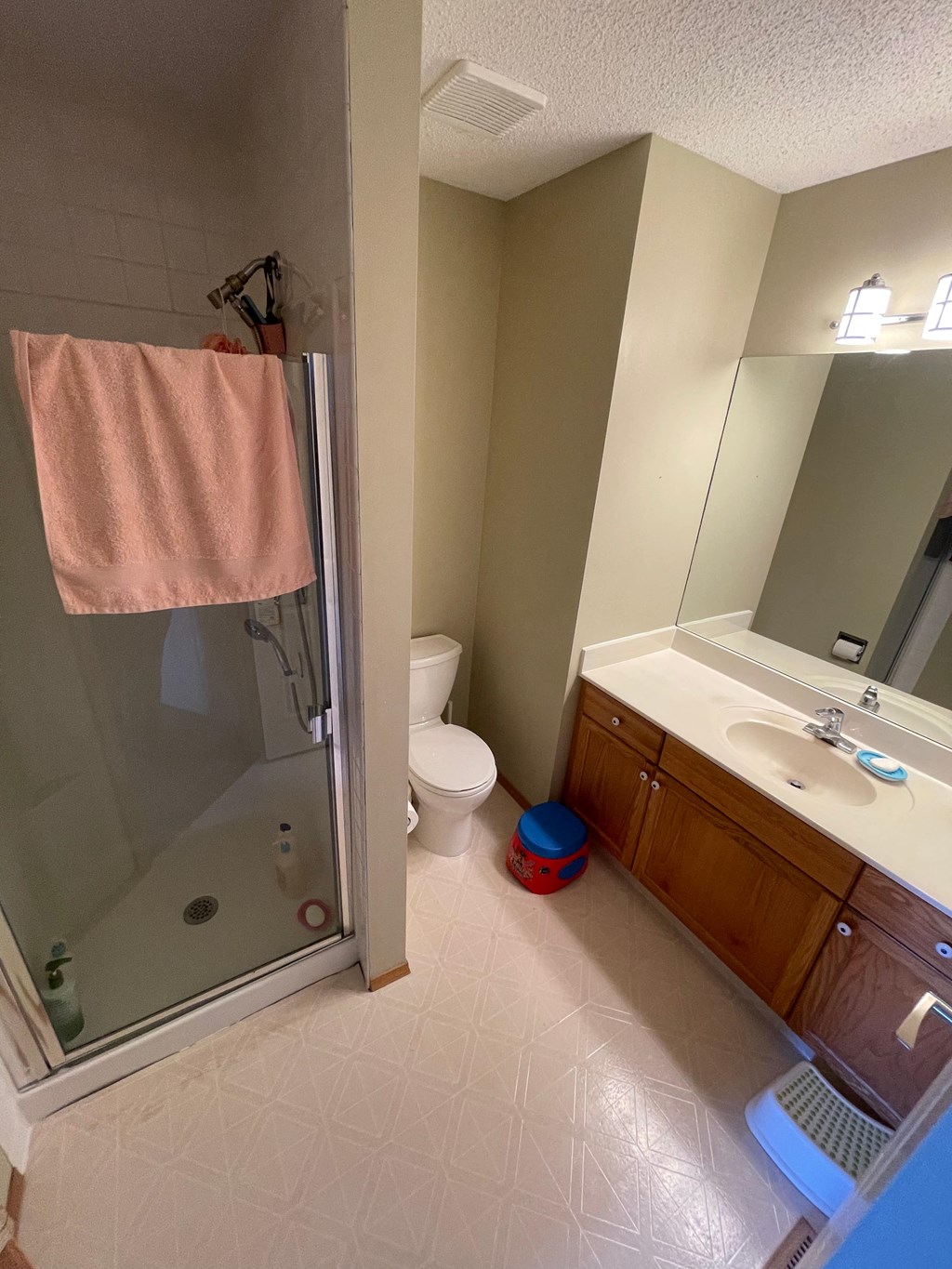 a bathroom with a shower and a sink and a toilet