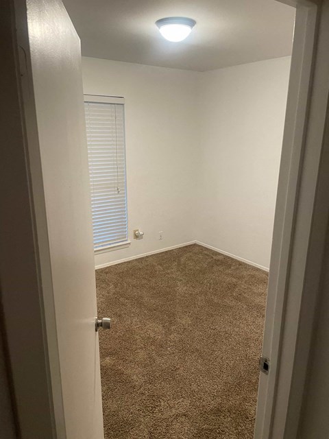 a room with a carpeted floor and a window