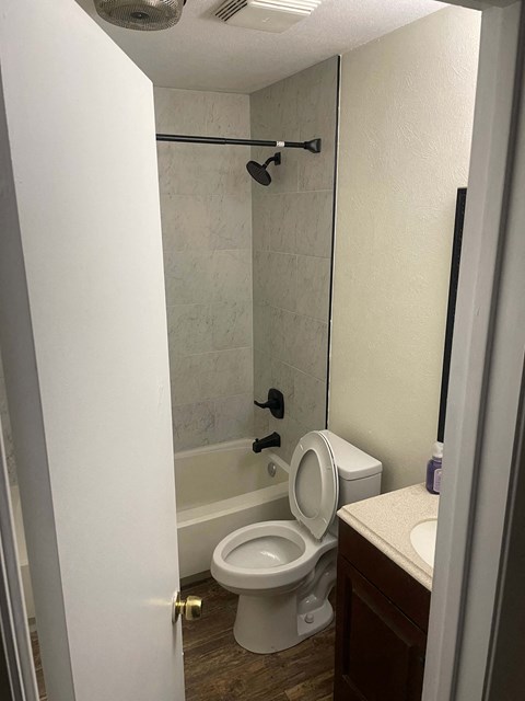 a bathroom with a toilet and a tub and a sink