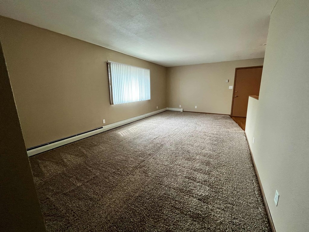 a empty room with carpet and a window