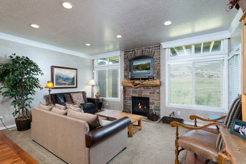 a living room with a fireplace and a couch