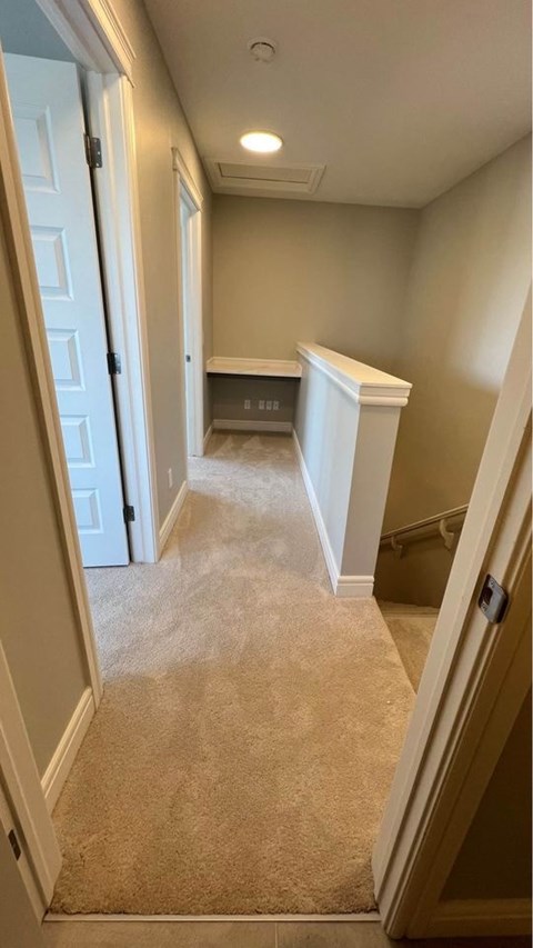 a hallway with a carpeted floor and a closet