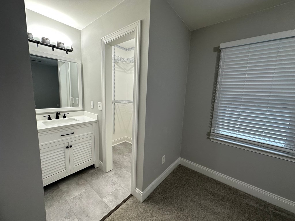 a bathroom with a sink and a mirror and a window
