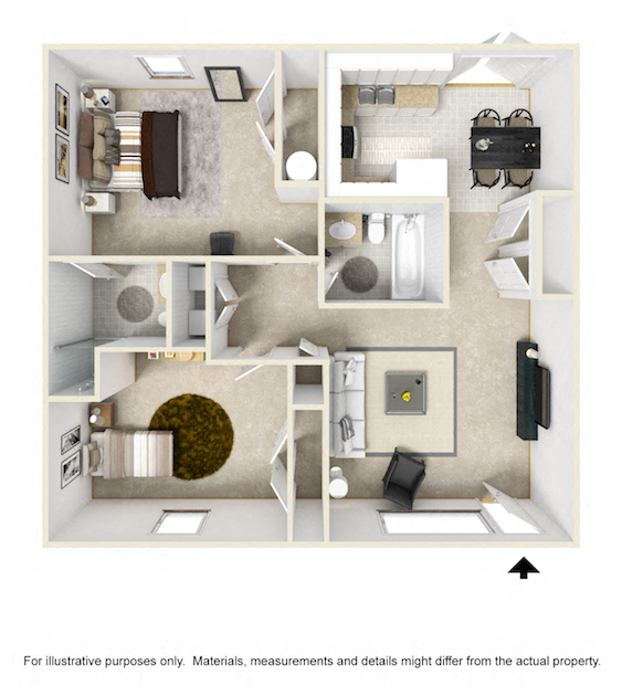 Mountain View Apartments Oxford AL Anniston, AL 36207 2 bedroom 2 bathroom 3-D Furnished floor plan