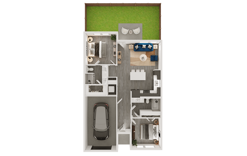2 bedroom home for rent with attached garage and yard with patio