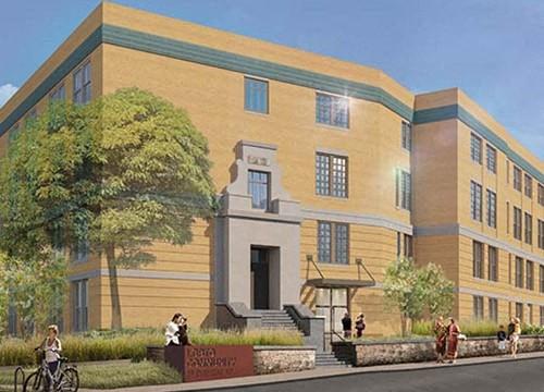 a rendering of a large building with people outside of it