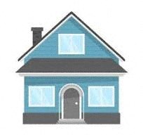 a small blue house with a roof and a door