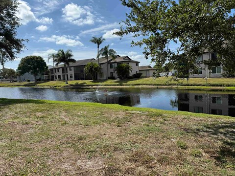 view of a pond with apartments in the background