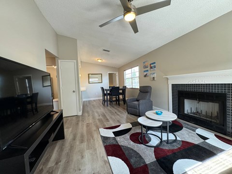 a living room with a fireplace and a rug