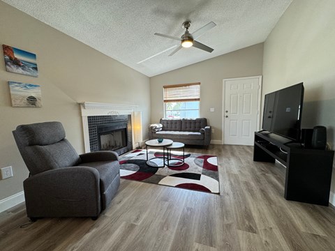 a living room with two couches and a tv
