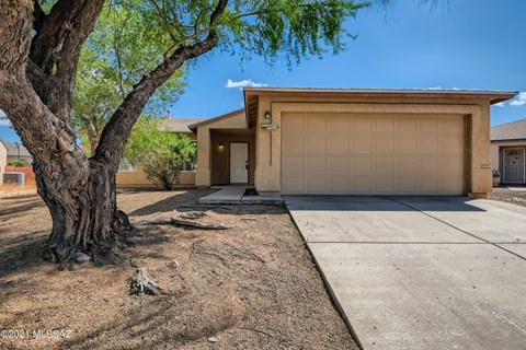 a house with a garage and a tree in front of it