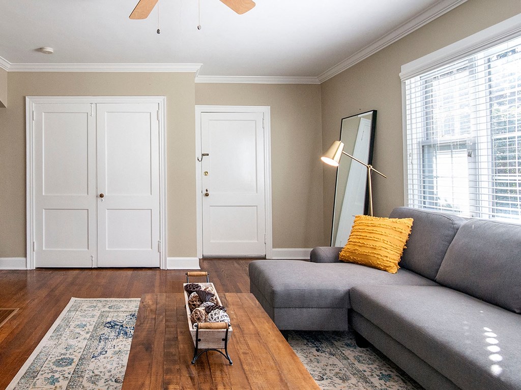 a living room with a couch and a coffee table