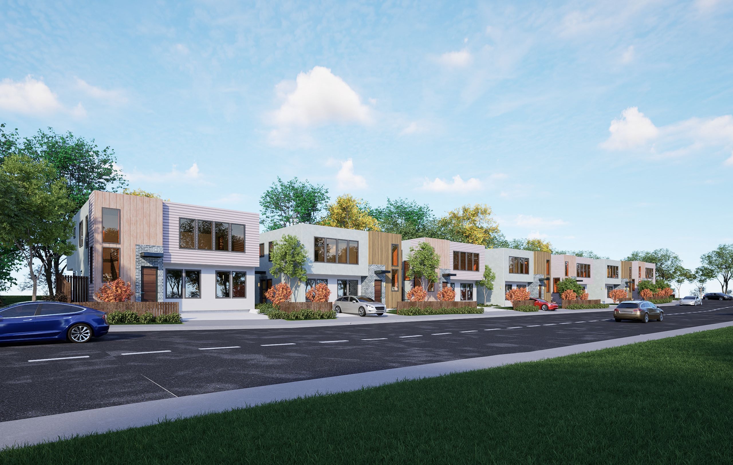 a rendering of a development of town houses on a city street