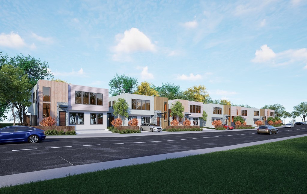 a rendering of a development of town houses on a city street