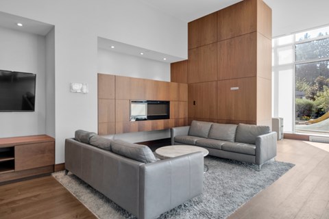 A modern living room with a grey sofa and a wooden cabinet.