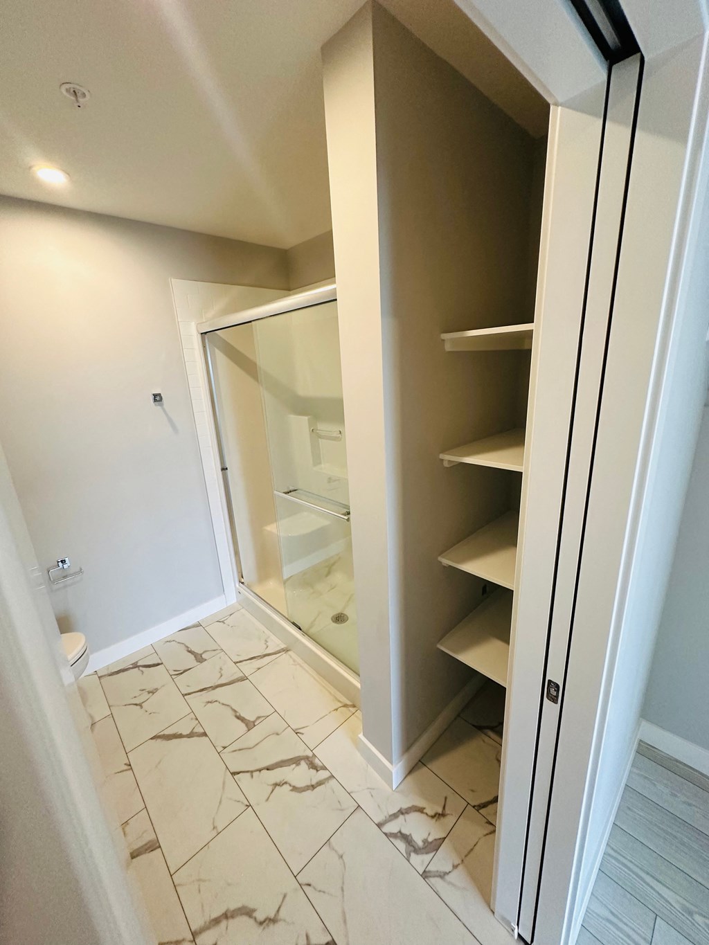 a walk in closet in a bathroom with a shower and shelves