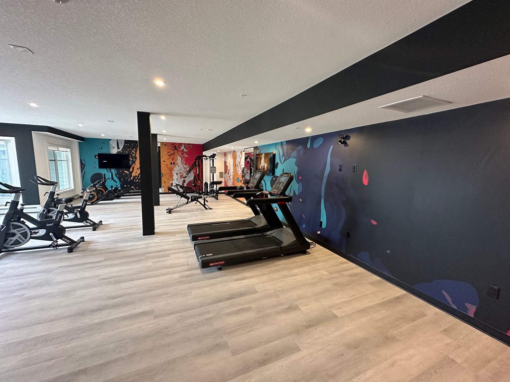 a fitness room with exercise equipment and a wall with a mural