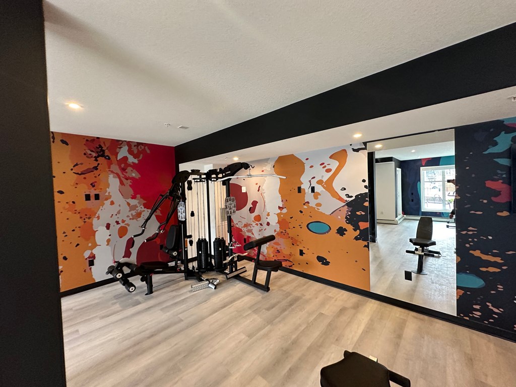 a workout room with a colorful wall of gym equipment