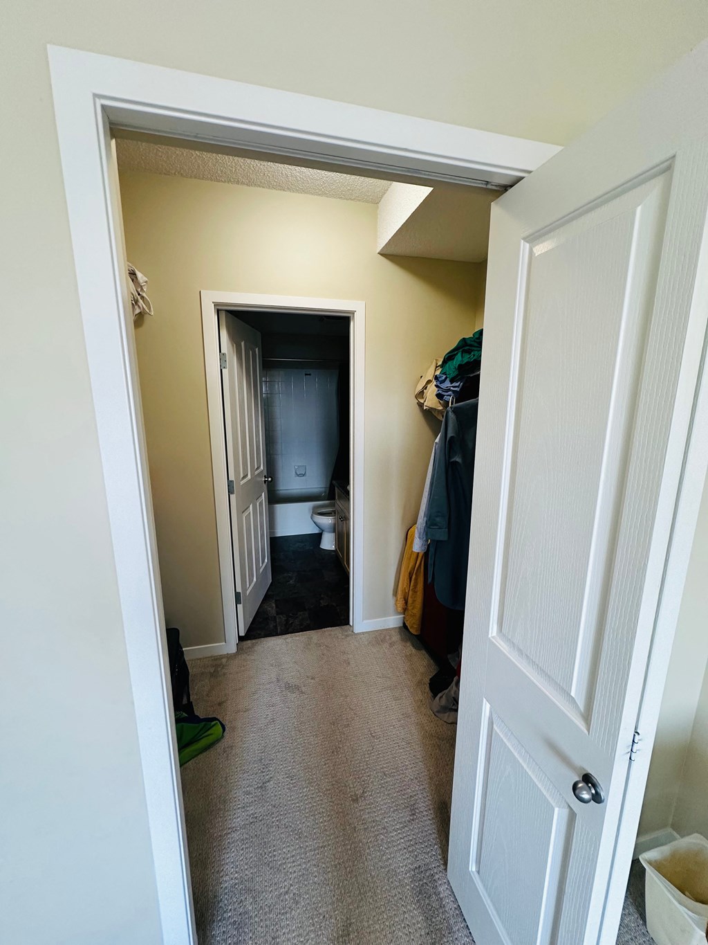 a hallway with a closet and a door open to a bathroom