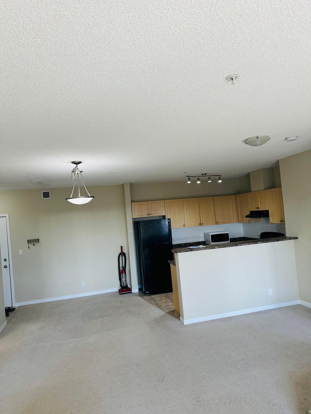 an empty living room with a kitchen and a refrigerator