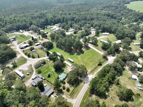 A bird's eye view of a small town surrounded by trees.
