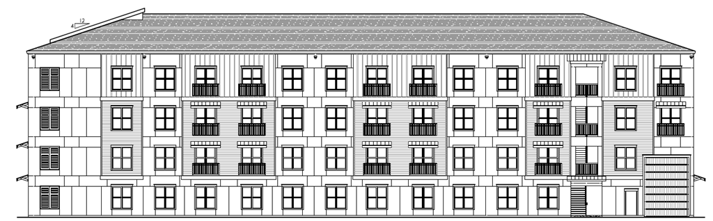 a line drawing of a building with a lot of windows