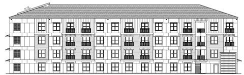 a line drawing of a building with a lot of windows