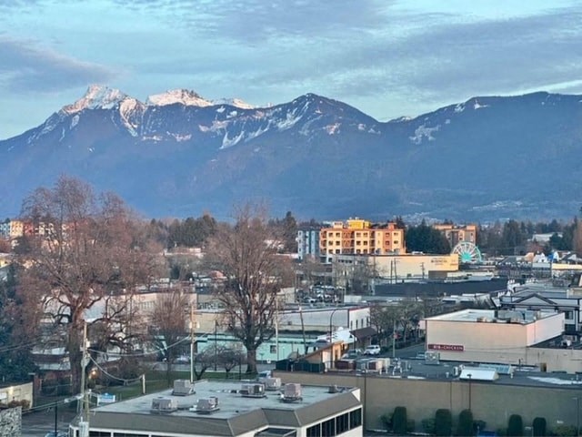a view of a city with mountains in the background