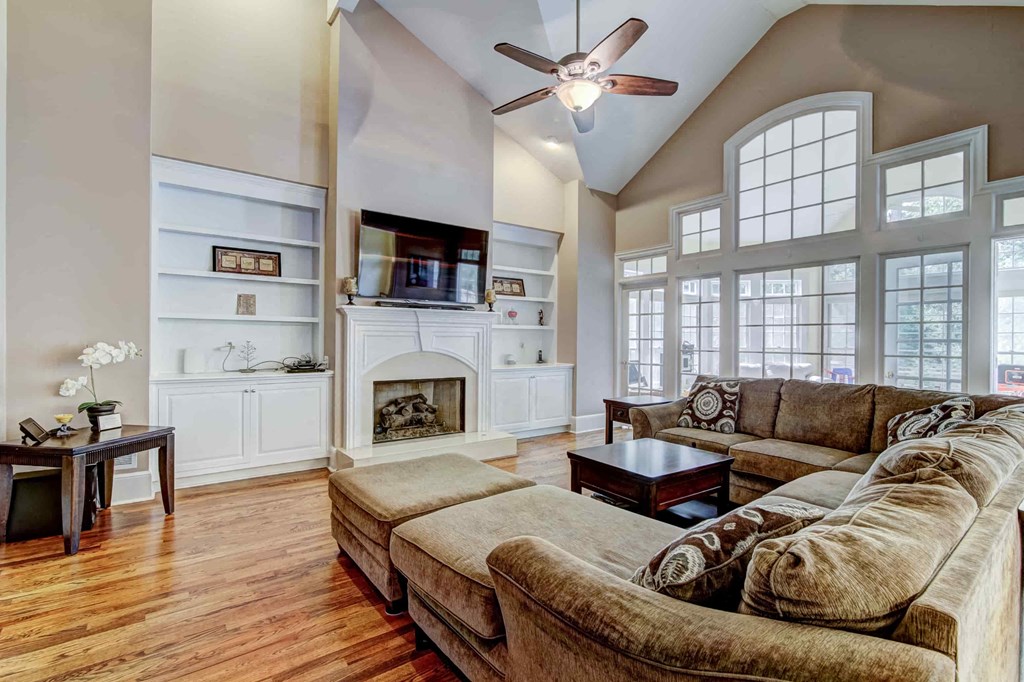a living room with couches and a tv and a fireplace