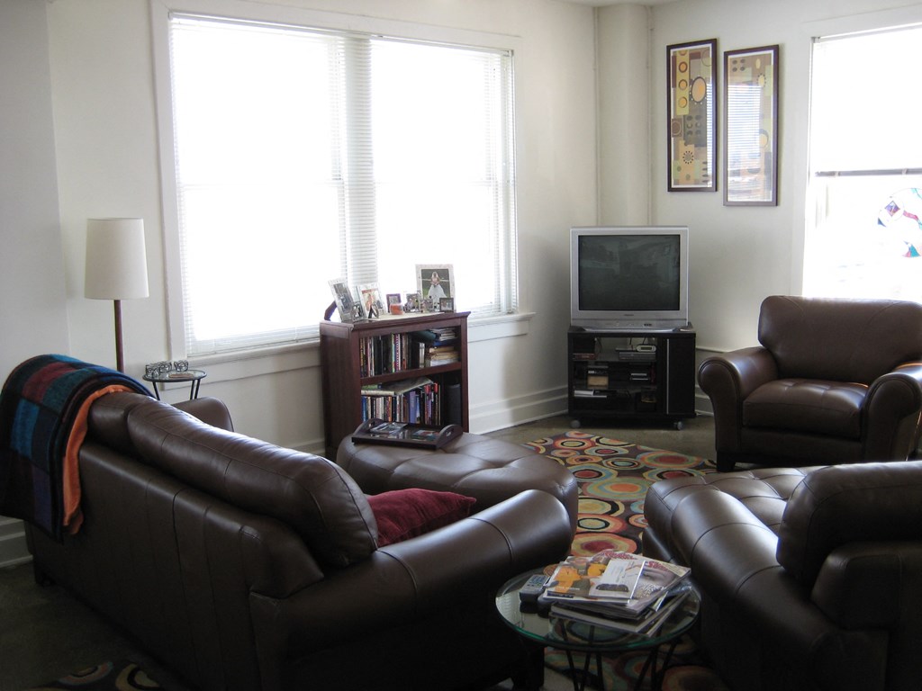 a living room with leather furniture and a tv