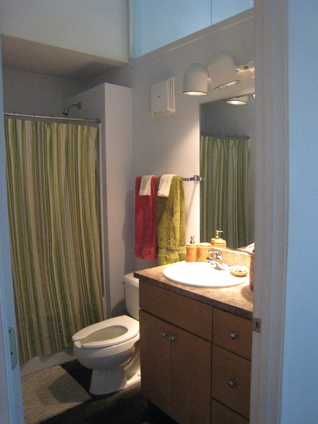 a bathroom with a sink and a toilet and a shower
