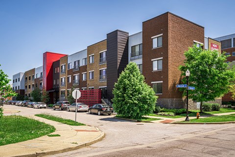 a view of a building on a city street