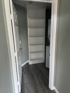 A white closet with shelves and a door.