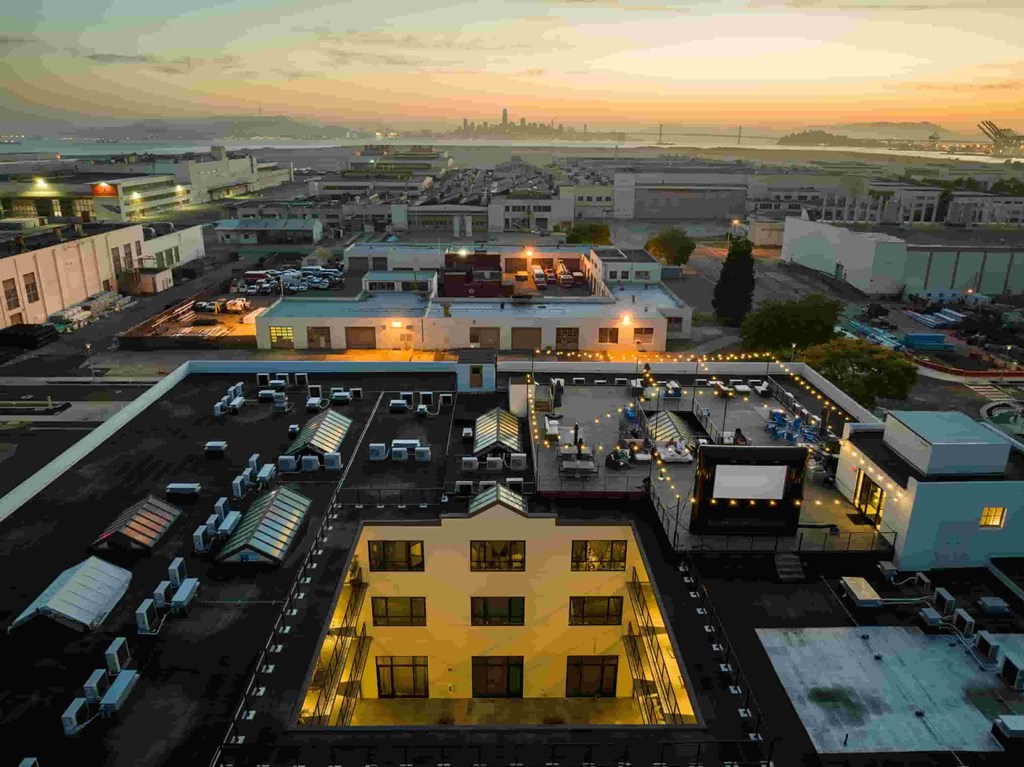 an aerial view of a city at night