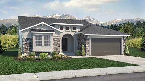a rendering of a house with mountains in the background
