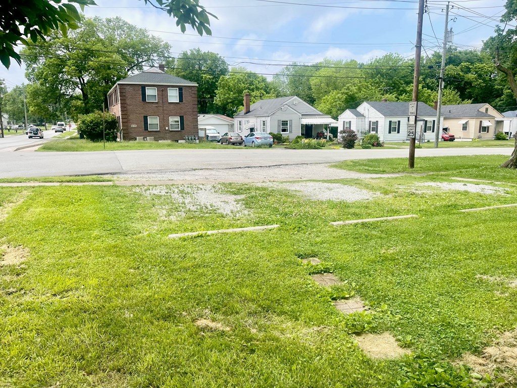 a neighborhood with houses and a street with grass and dirt