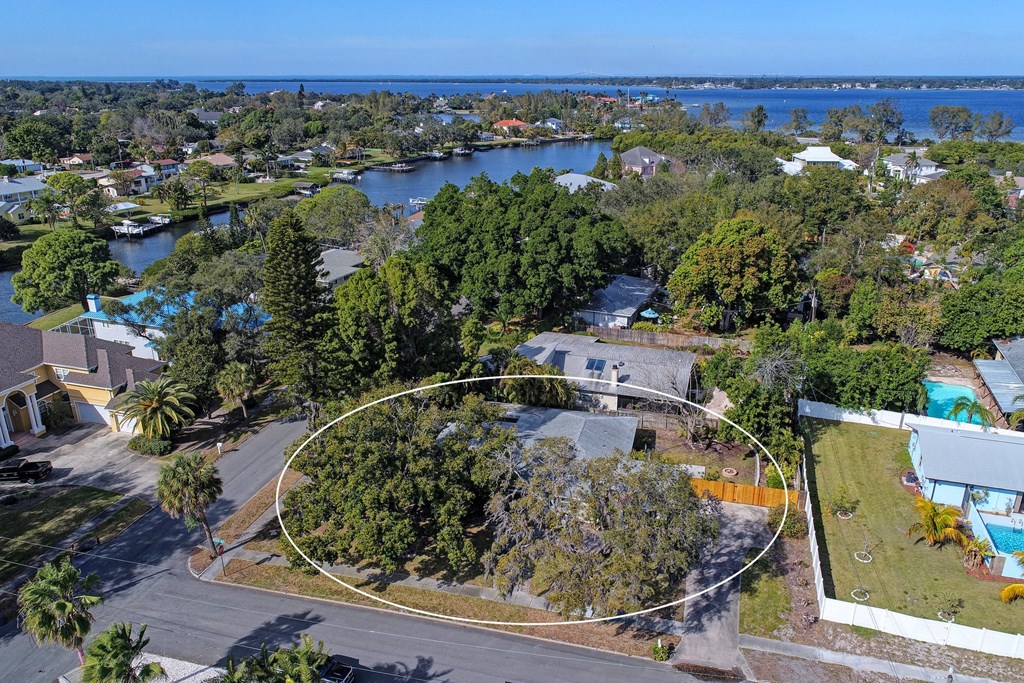 an aerial view of a neighborhood with a body of water in the background