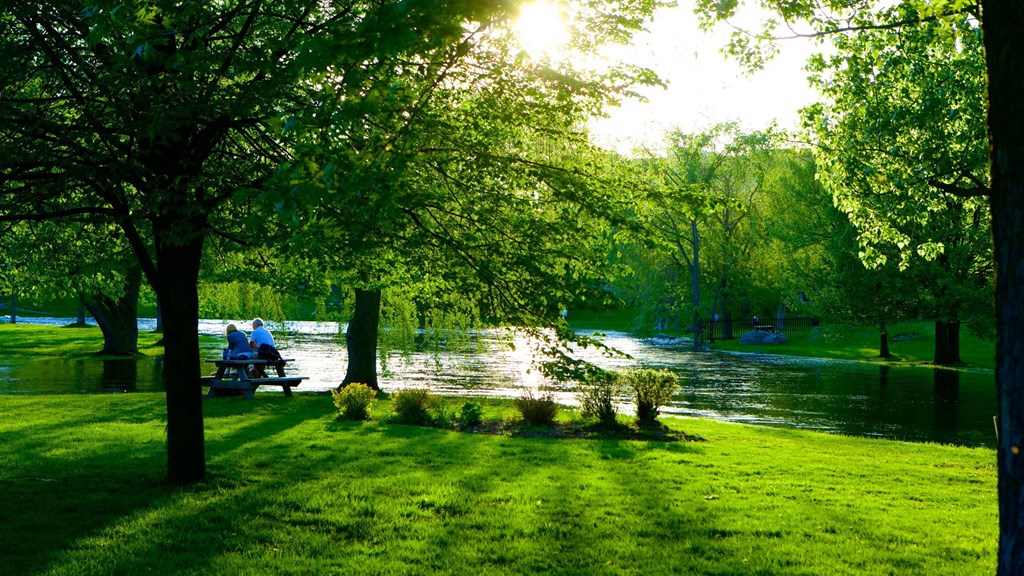 two people sitting on a picnic bench near a lake