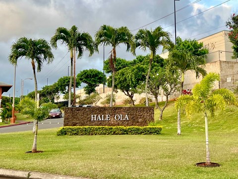 a sign that says half ola in front of some palm trees