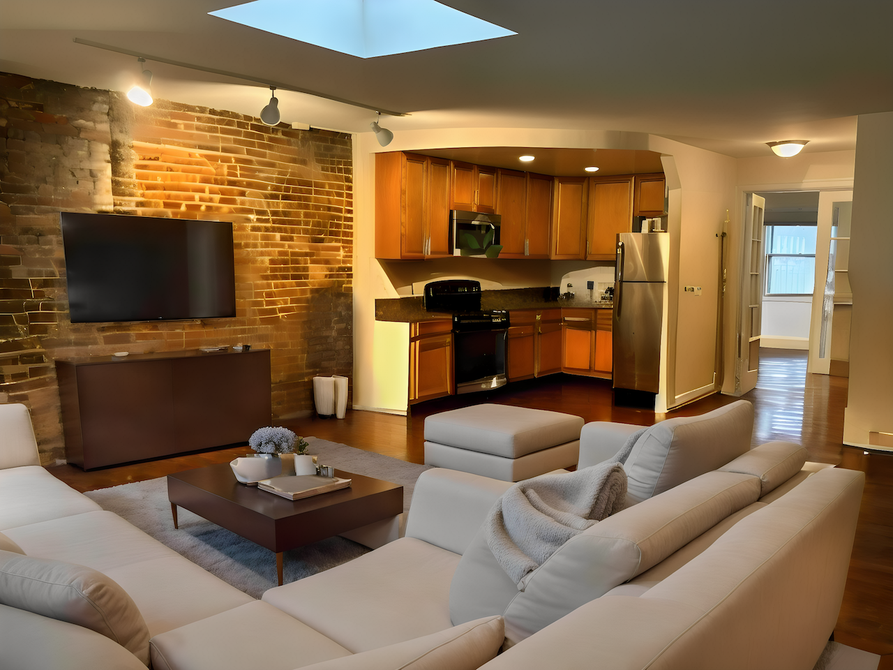 a living room with a white couch and a television