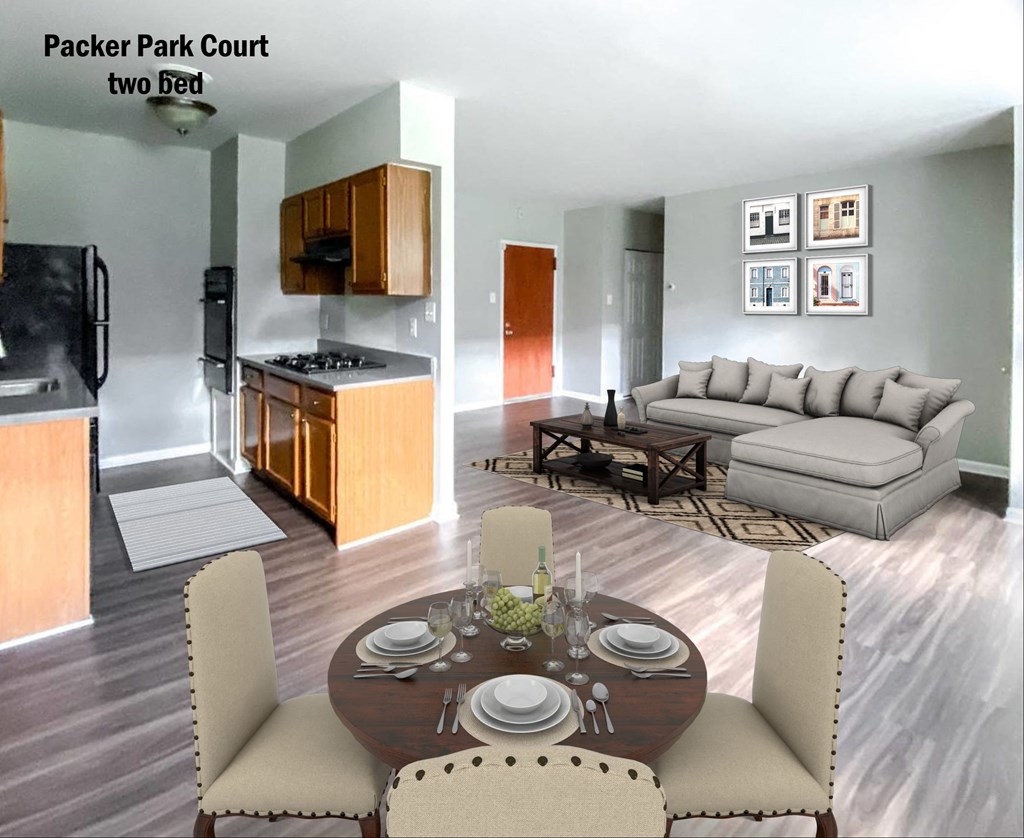 a rendering of a living room and kitchen in an apartment