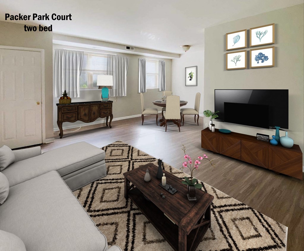 a rendering of a living room with a couch and a tv