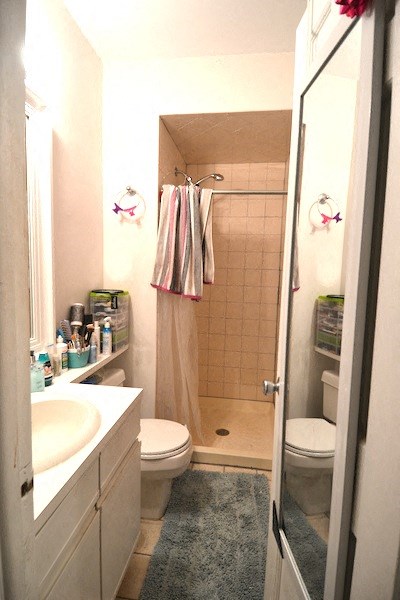 a bathroom with a shower toilet and sink
