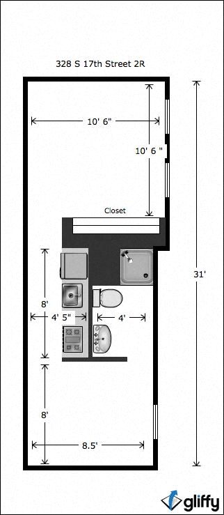 a floor plan of a small room with a bathroom and a couch