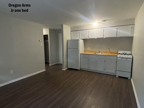 an open kitchen with white cabinets and a sink and a refrigerator