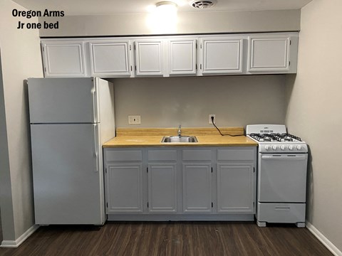 an empty kitchen with white cabinets and a stove and refrigerator