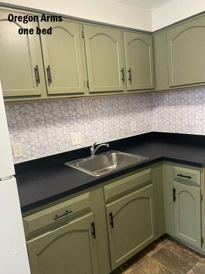 a kitchen with green cabinets and a sink