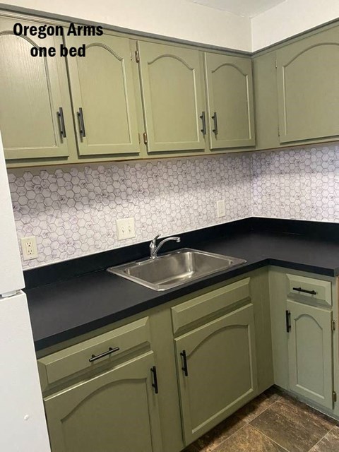a kitchen with green cabinets and a sink