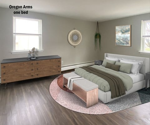 an image of a bedroom with a bed and a dresser